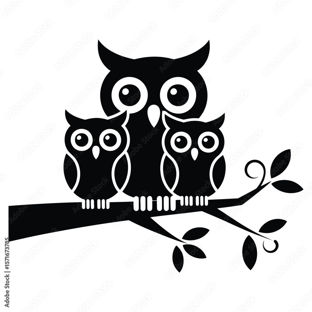 Fototapeta premium Three black owls sitting on a tree branch family