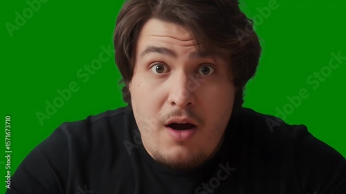 Man reacts in shock while using green screen background for creative content