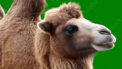 Close up shot of a camel against a bright green screen showcasing its unique features