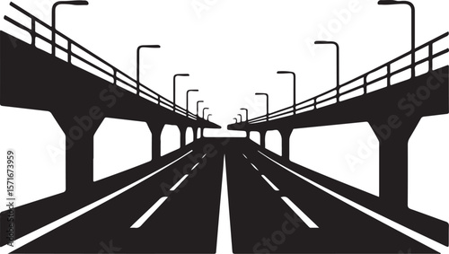 Perspective view of an elevated highway with streetlights in silhouette
