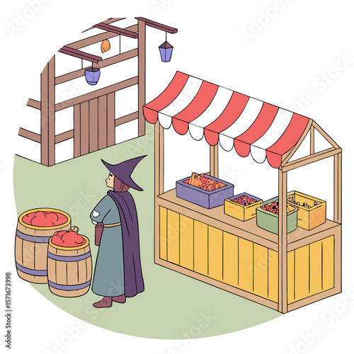 Illustration of a witch standing near barrels and a market stand with a striped awning in a town square
