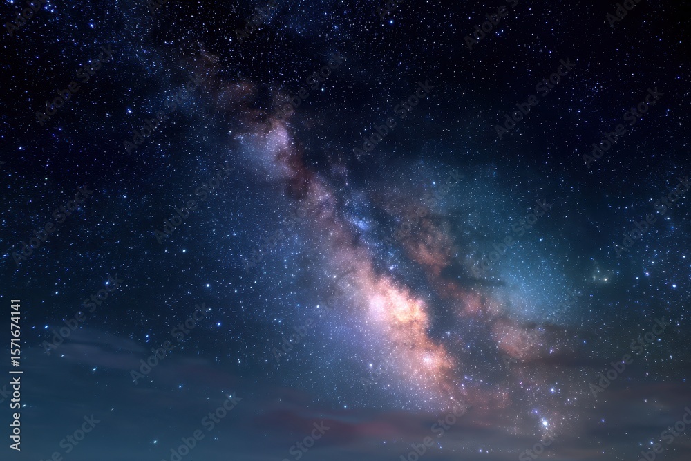 Fototapeta premium Stunning view of the night sky showcasing the Milky Way galaxy over a tranquil landscape at dusk near a remote location