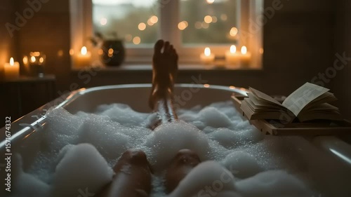 Relaxing bubble bath with a book