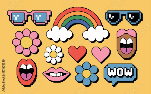  a vibrant collection of graphic elements designed in a retro 8-bit pixel art style, set against a yellow background. 