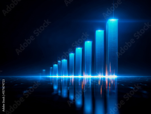 Digital bar graph representing data growth with vibrant blue lighting effects