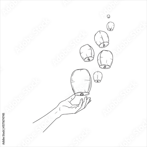 Hand releasing multiple sky lanterns silhouette isolated on white background Art & Illustration