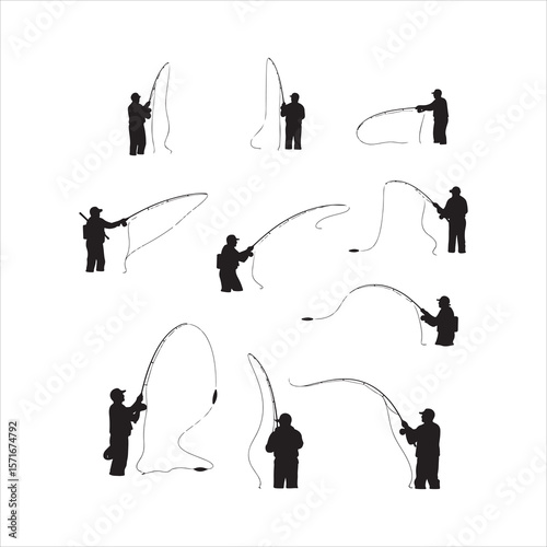 Collection of fishing silhouettes demonstrating various poses and actions silhouette isolated on white background Art & Illustration