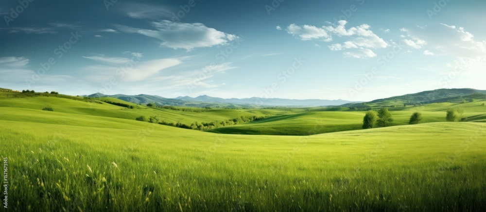 Fototapeta premium Green summer landscape with a blue sky, vast fields of grass, and distant hills under a panoramic view of nature