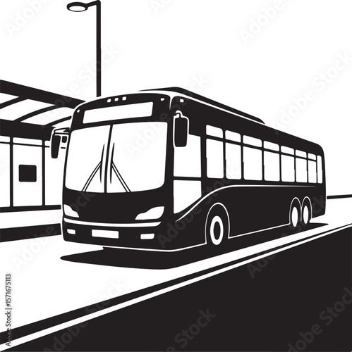 Modern city bus arriving at a bus stop with streetlight silhouette