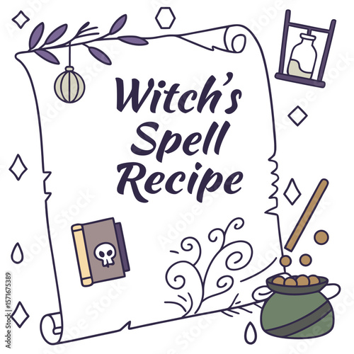 Illustration of a witch's spell recipe on a scroll with a cauldron, book, and hourglass, and decorative elements