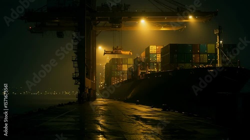 Container ship loading cargo under crane lights at night in busy port