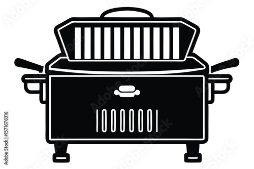 Black and White Illustration of an Open Outdoor Barbecue Grill with Handle and Legs