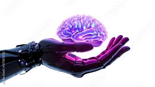 A futuristic robotic hand gently cradles a glowing purple and blue brain, symbolizing the convergence of artificial intelligence and human intellect isolated on transparent background