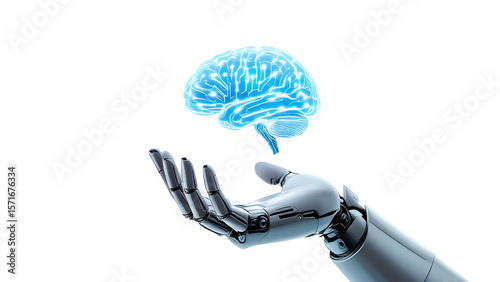 A metallic robotic hand delicately holds a translucent, blueglowing brain, representing the intersection of artificial intelligence and human cognition isolated on transparent background
