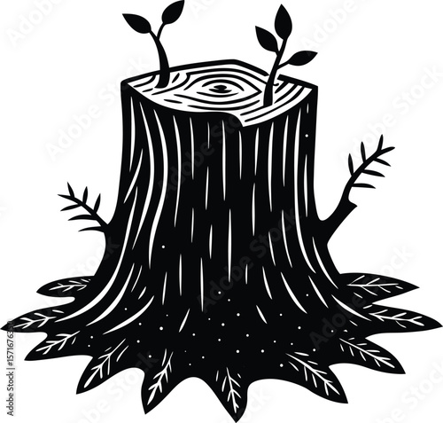 Vector art of a tree stump shows new growth, symbolizing resilience and the cycle of nature