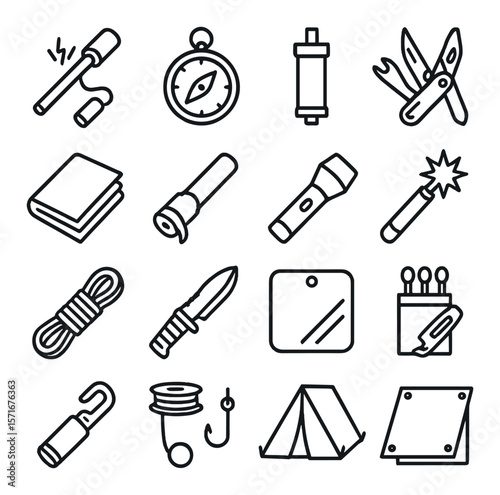 Essential survival gear collection, emergency and outdoor essentials. wilderness kit icons.