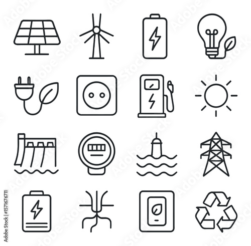 Eco energy icon collection, sustainable power symbols. renewable and green technology set