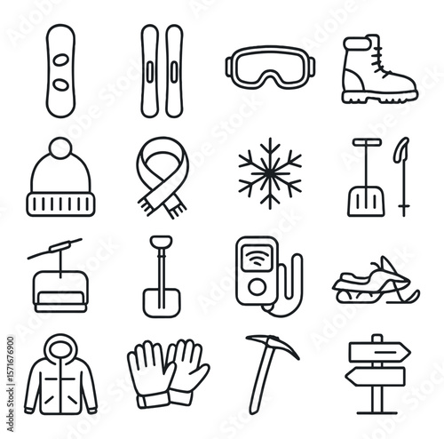 Winter sport icon collection, skiing and snowboarding symbols. cold weather activity set