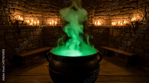 Bubbling Green Cauldron in Stone Cabin with Candlelight