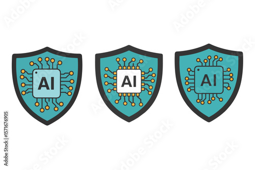 3 AI Icons.epsCybersecurity for AI: Set of Shields with Processor and "AI" Symbol