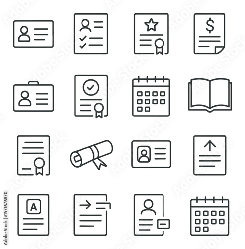 Academic document collection, education and research icons. simple and professional set