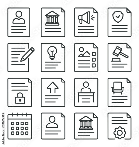 Legal case file collection, law and justice icons. court and legal symbols set