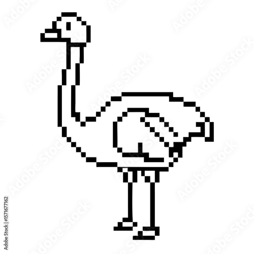 Pixel art outline of an ostrich standing tall on a blank background