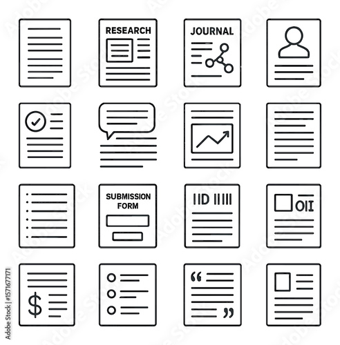 Scientific publications icon collection, research and journal symbols for academic use