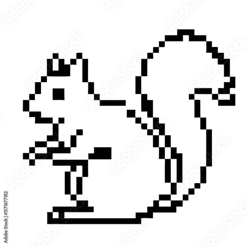 Squirrel sitting quietly in a pixel outline style on a white background