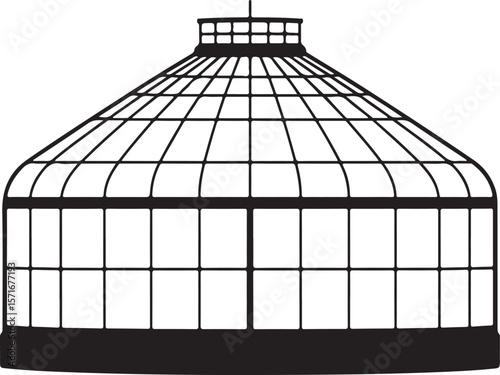 Victorian greenhouse structure with glass panes and metal frame silhouette