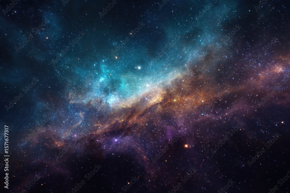 Fototapeta premium Vast cosmic landscape filled with colorful nebulae and shining stars suspended in the endless void of space at the edge of the universe