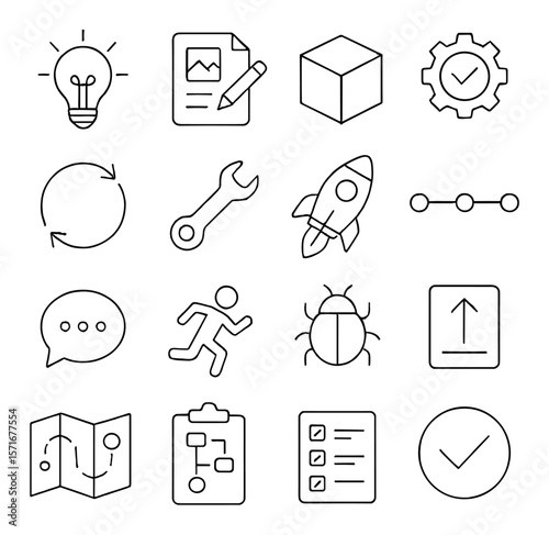 Project development collection, process planning symbols. management and workflow icons set
