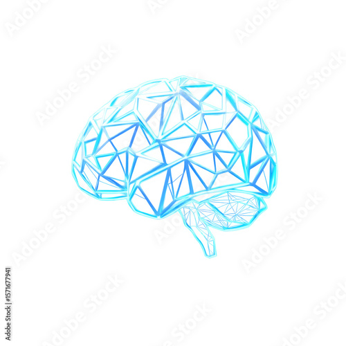 A mesmerizing abstract representation of a human brain, rendered in a vibrant blue polygonal style isolated on transparent background