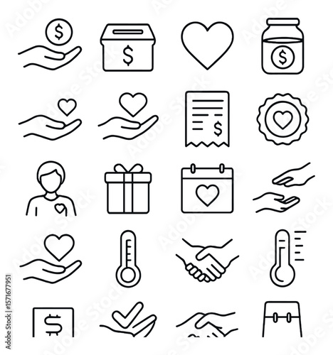 Charity and donation collection, nonprofit and fundraising icons. support and aid symbols set