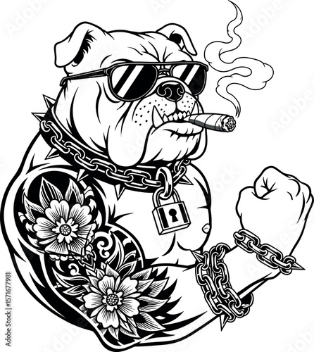 muscular bulldog with sunglasses and floral tattoo flexing its bicep while smoking a cigar, black and white vector illustration.