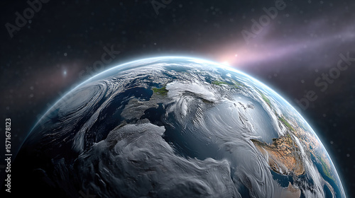 Fototapeta Naklejka Na Ścianę i Meble -  Earth planet space atmosphere sunrise orbit clouds ocean continent cosmic beauty with sunlight illuminating horizon