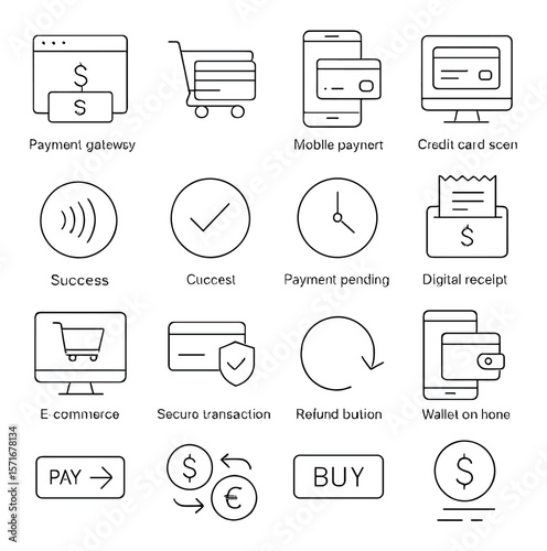 E-commerce payment icons collection, financial transaction symbols and payment methods set