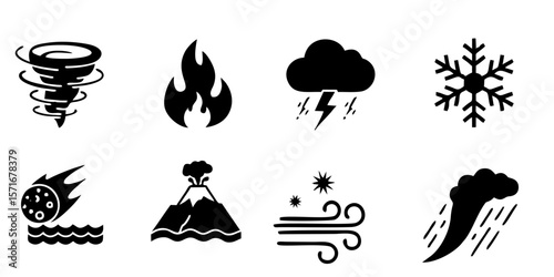 Natural Disaster Icons Set: Tornado, Fire, Storm, Snow, Asteroid, Volcano, Wind, Rain