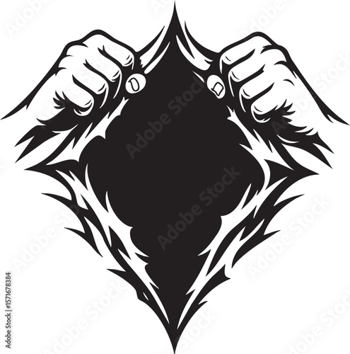 Ripping Fabric Graphic with Hands and Fingers in Black and White Vector Illustration