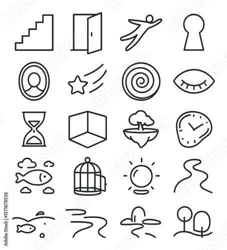 Dream symbols collection, simple icon set. spirituality and abstract design visuals
