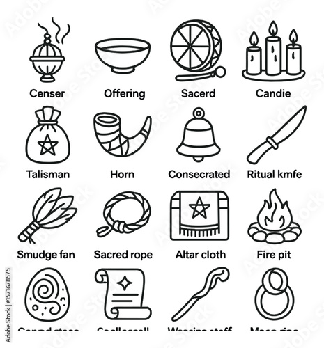 Ritual icon collection, sacred ceremonial symbols. mystical and spiritual elements set