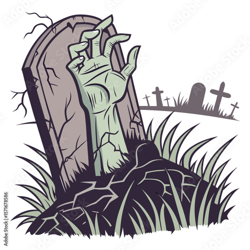 A spooky illustration of a zombie hand emerging from a cracked grave with a tombstone and other gravestones in the background during a dark night