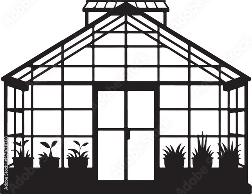 Classic greenhouse structure with potted plants in a clean silhouette
