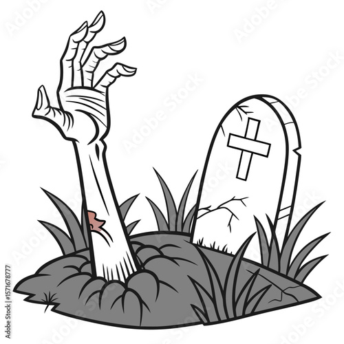 A spooky cartoon illustration depicts a pale zombie hand emerging from a grave next to a cracked tombstone with a cross surrounded by grass