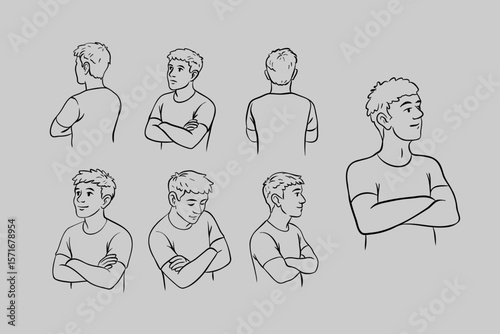 Man standing with arms crossed vector set – front, side, and back views, casual pose, character design reference, isolated on white background.