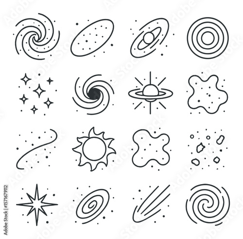 Galactic elements collection, cosmic and space-themed icons. universe design set