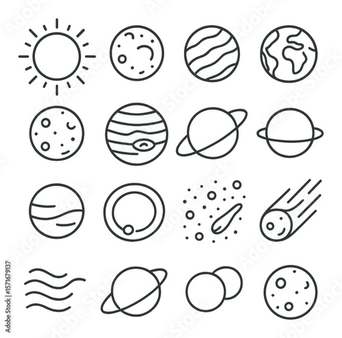 Planetary system elements collection, celestial and astronomy icons. space symbol set