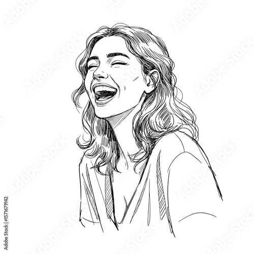 Laughing young woman with wavy hair expressing joy on white background