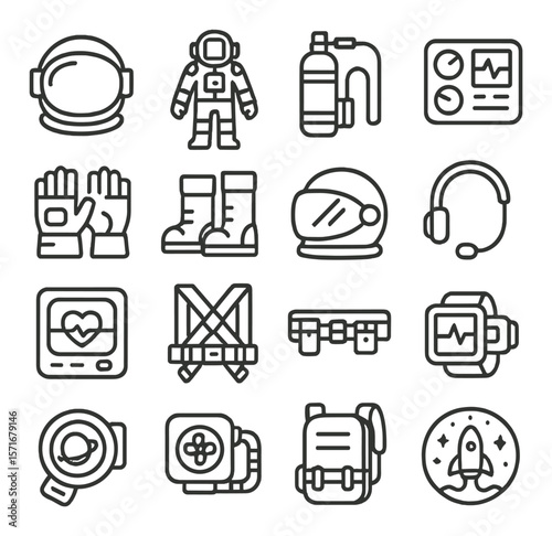 Astronaut gear collection, space exploration icons. cosmonaut equipment and tools set