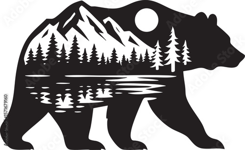 Bear Silhouette with Mountain Landscape Inside Vector Illustration for Prints and Designs